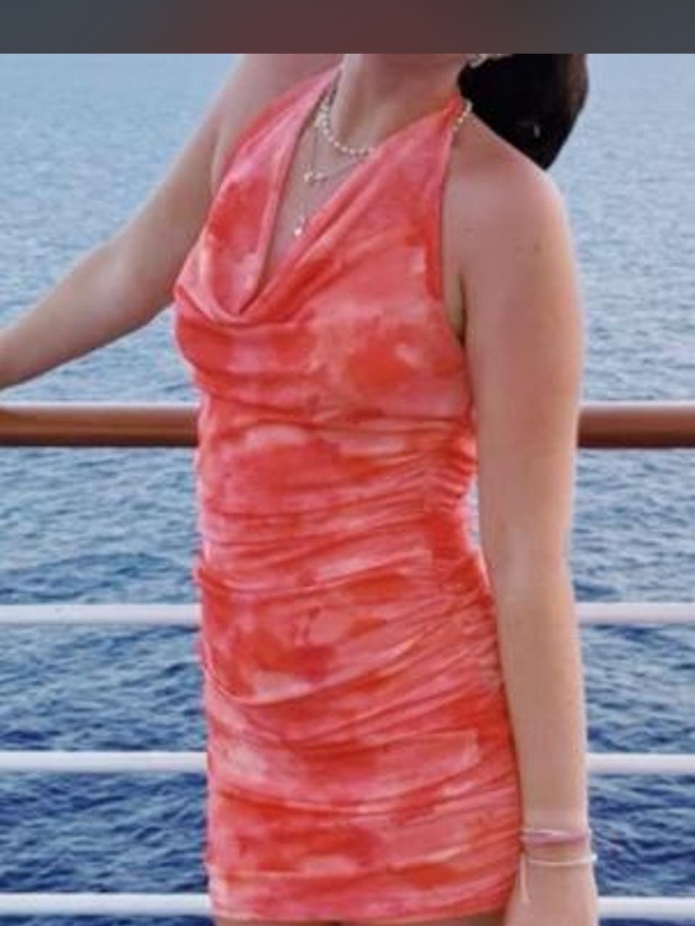 Coral Halter Cowl Neck Ruched Mini Dress